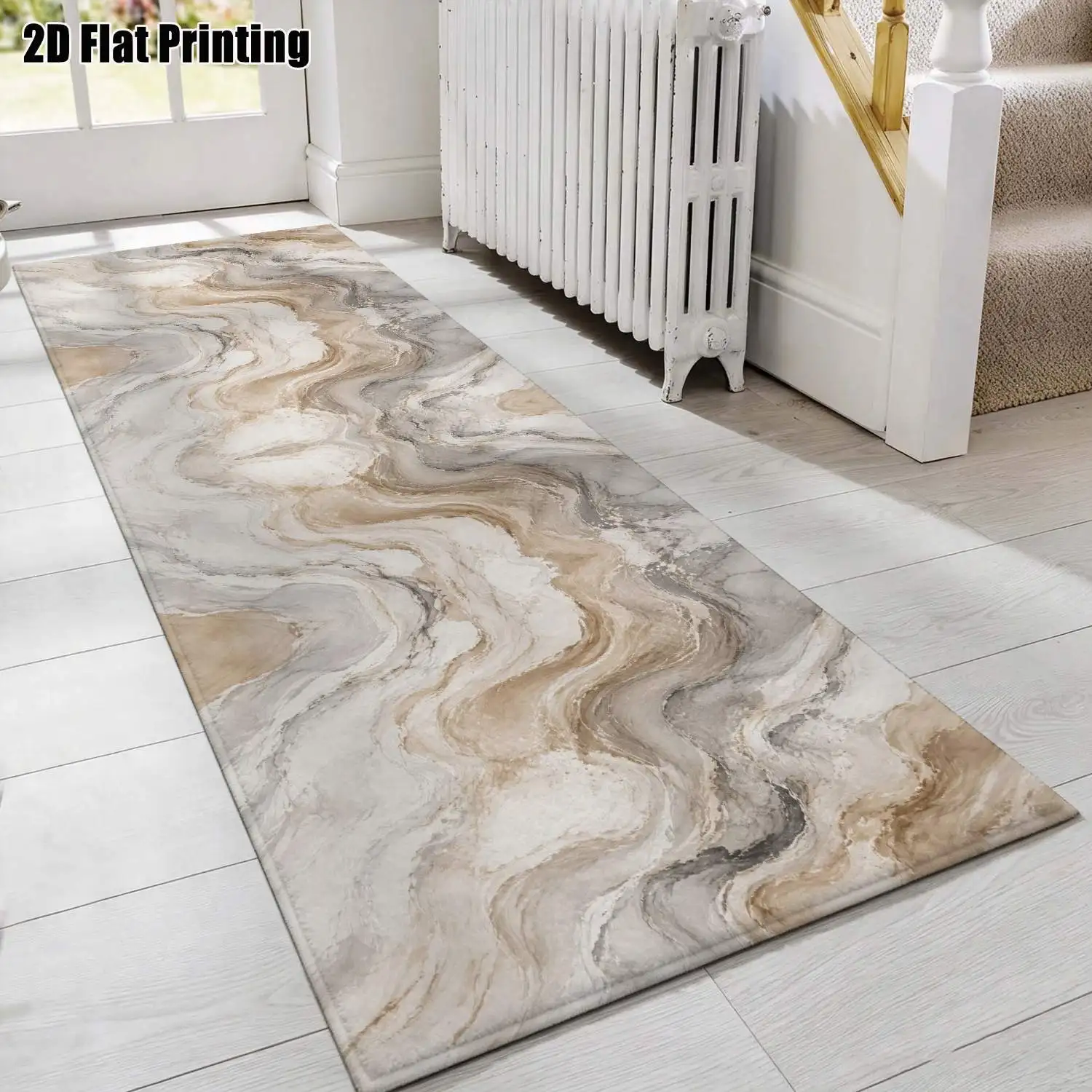 1Pc 2D Printed Beige Wave Texture Long Strip Runner Rug: Nordic, Modern Minimalist, Geometric Striped, Vintage Style Machine Washable, Multi-Size, Home Decor for Entryway, Hallway, Living Room, Bedroom.