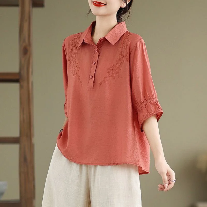 

New Fashion Mom Summer Suit New Shirt Lapel T-shirt Western Style Shirt Top Pants