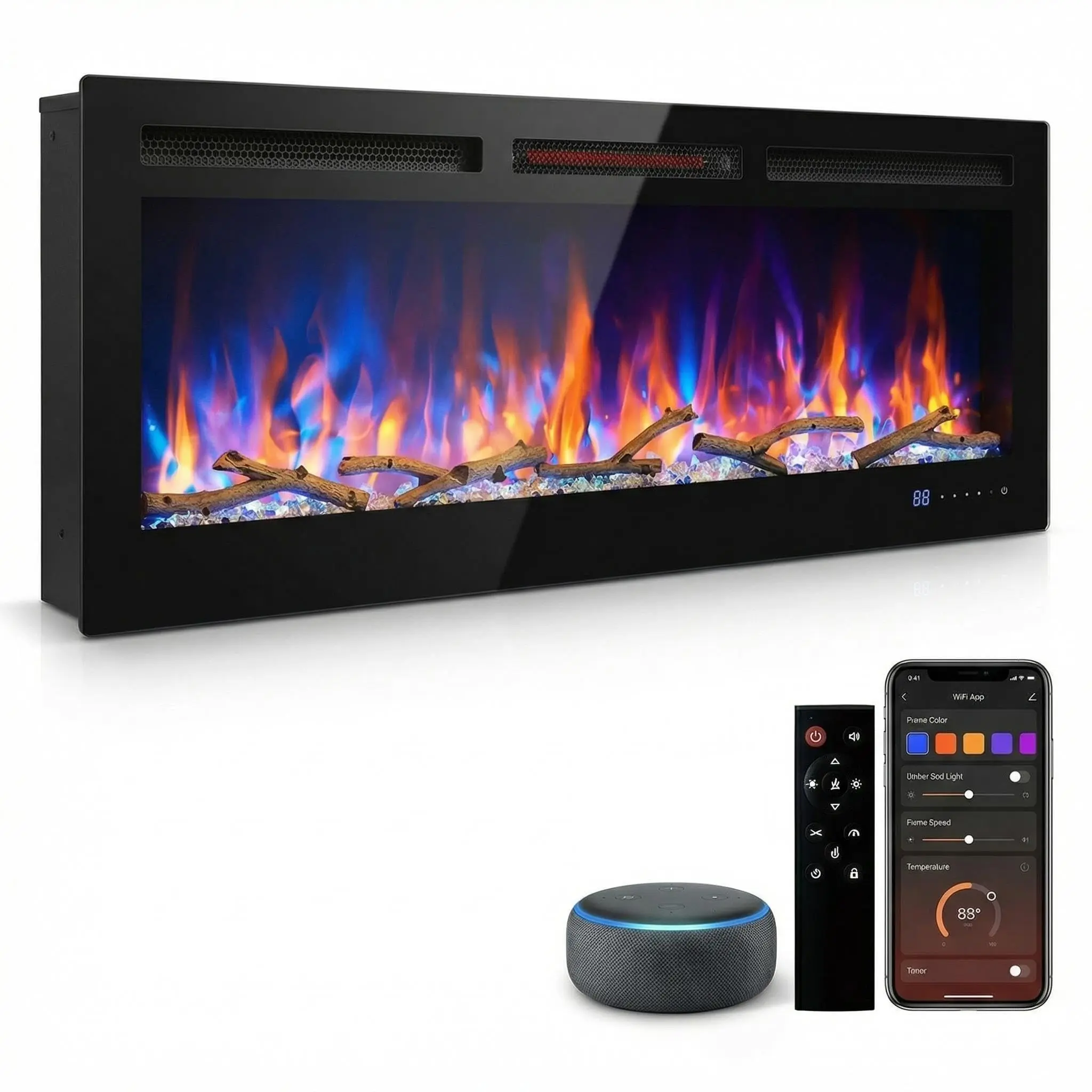50 Inch Electric Fireplace Insert, Smart WiFi Alexa, Recessed Wall Mount