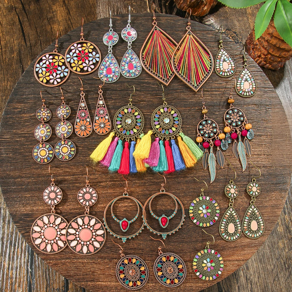 13pairs Vintage Dangle Earrings Set Boho Vacation Style Jewelry Tassel Statement Ornaments Beach Music Festival Gifts for Women