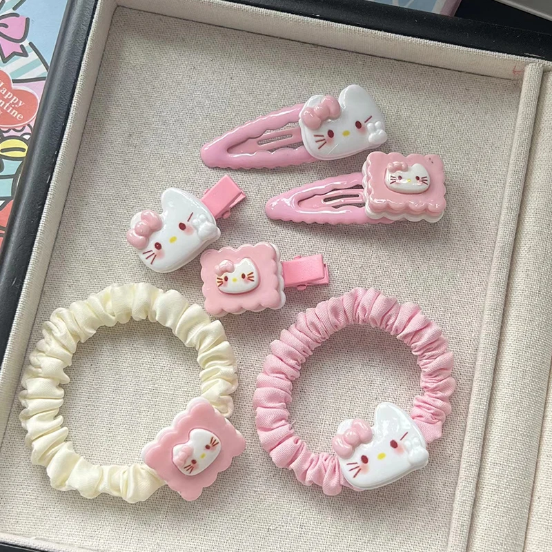 2Pcs Cartoon Sanrio Hello Kitty Hairpin Hair Band Kawaii Duckbill Hair Clip Side Bangs Clip Hair Rope Headwear Hair Accessories