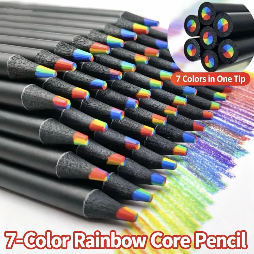 10Pcs Black Wood 7-in-1 Concentric Rainbow Colored Pencils Gradient Multicolor Core Drawing Pencils Creative Graffiti Sketch Stationery Gift for Students Back to School Art Supplies