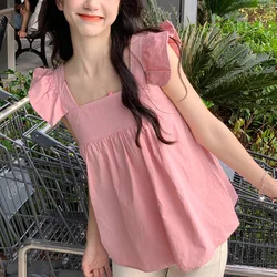 Summer Lolita Sweet Ruffles Solid Color Square Collar Sleeveless Shirts Women's Clothing Simplicity Patchwork Thin Cute Tank Top