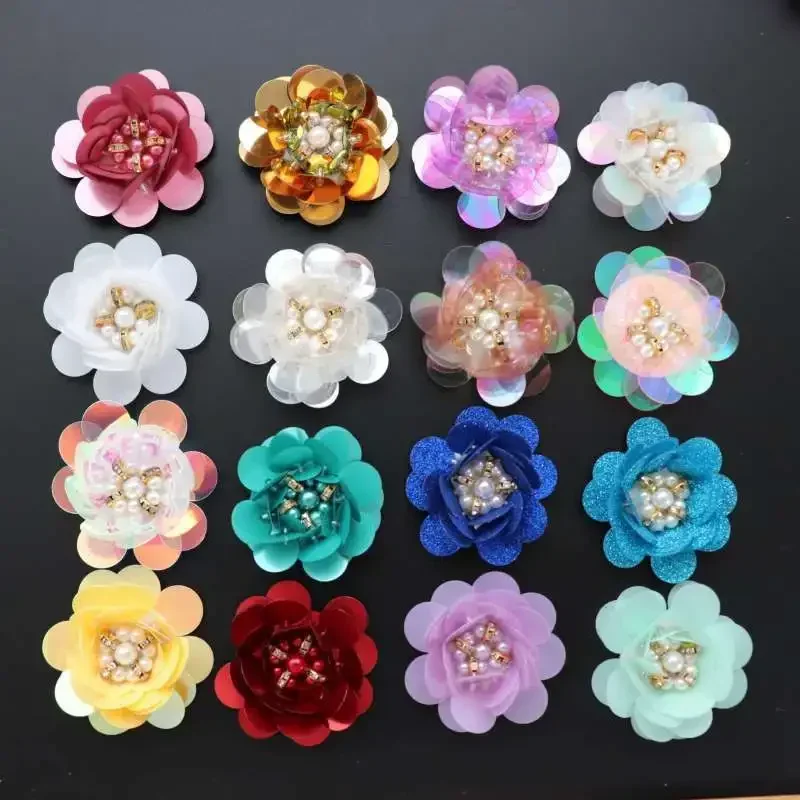 Flor frisada Patches de costura para vestuário, DIY lantejoulas strass, remendo de costura, apliques bordados, 10 pcs por lote