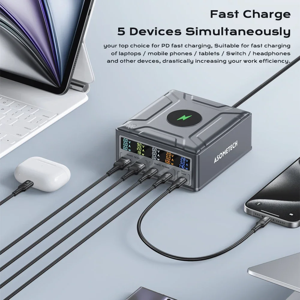 260 واط GaN USB C شاحن شاشة ديجيتال سطح المكتب USB نوع C شاحن 140 واط PD3.1 PPS QC4.0 شاحن لاسلكي لأجهزة الكمبيوتر المحمول اللوحي الهاتف