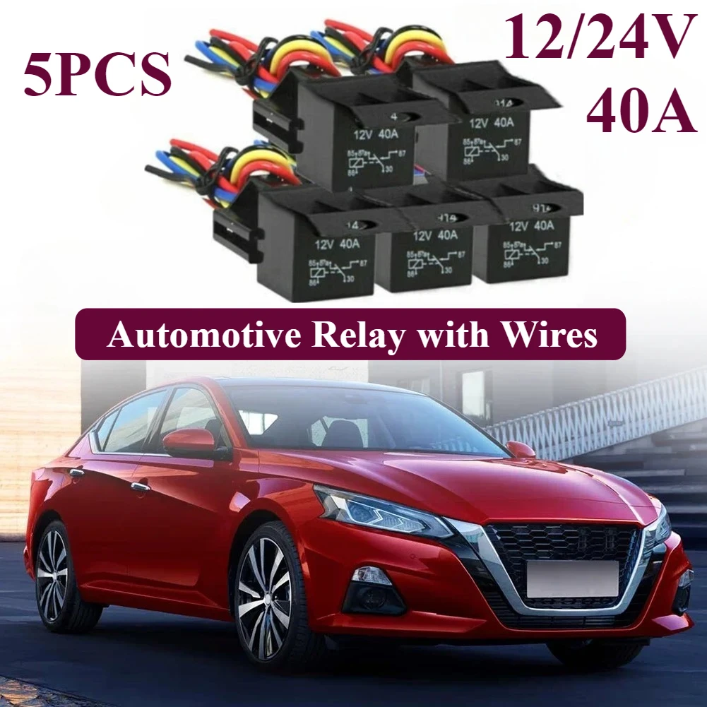 5 Pack 12V/24V 40 Amp 4/5 Pin SPST Automotive Relay with Wires & Harness Socket Set