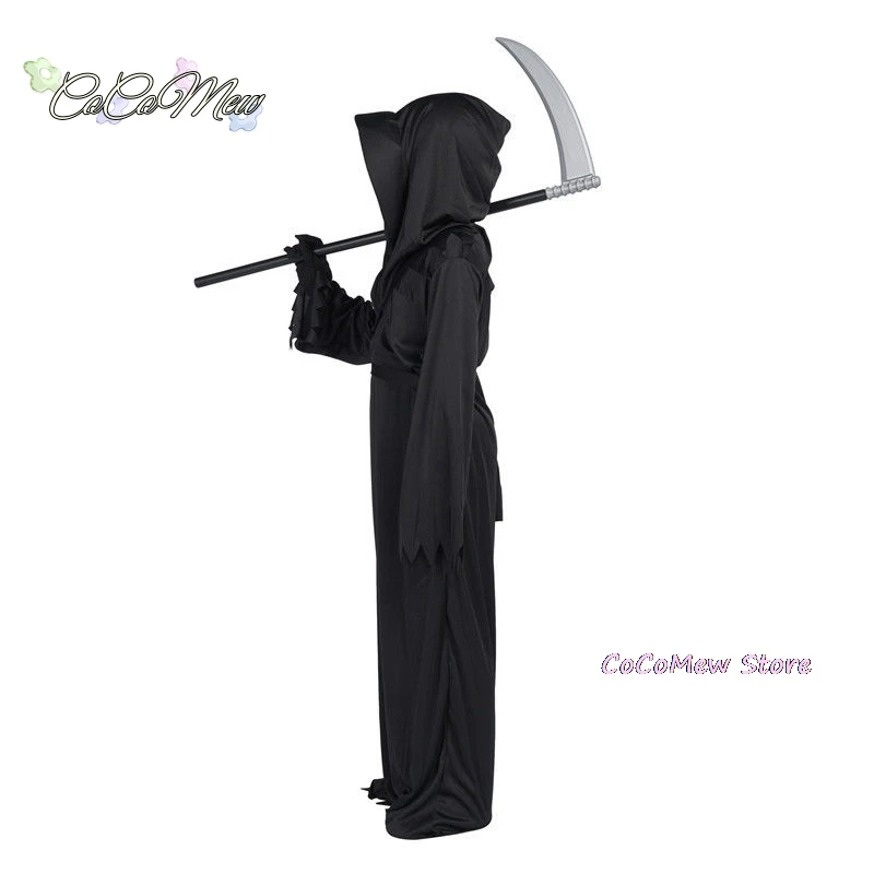 زي هيكل عظمي مخيف وحصد قاتم للأطفال ، عيون حمراء متوهجة ، رداء شبح حصد قاتم ، إكسسوارات تنكرية لعيد الهالوين