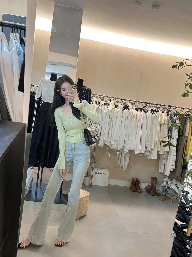 Women's Clothing Fashion All-match Solid Knit Pullovers Spring Summer Elegant Square Collar Chic Button Sweater Lady Vintage Top image 5
