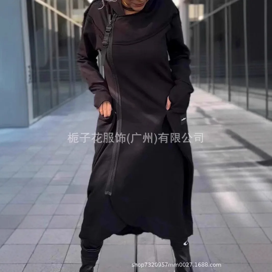 Autumn winter new women's cross-border casual fashion long sleeved pocket hooded sweatshirt cardigan women's long windbreaker