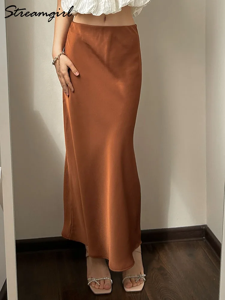 Black Slit Satin Silk Skirt Women Maxi Spring Summer 2025 Elegant A Line Slit Skirt Satin Ladies Office Long Skirts For Women
