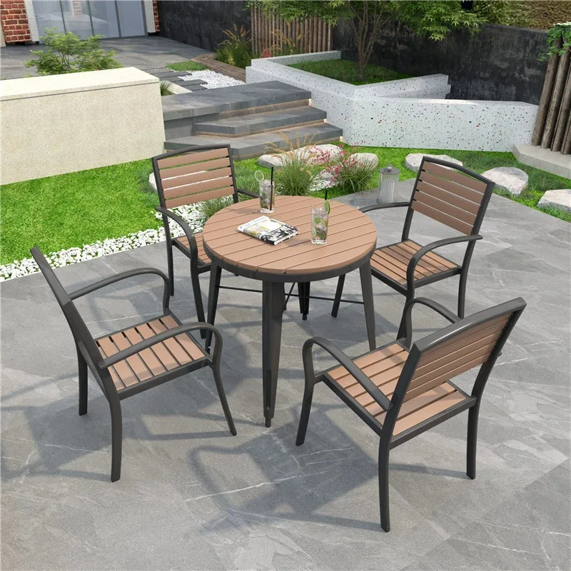 

Leisure open-air plastic wood villa outdoor waterproof and sunscreen small round table outdoor restaurant