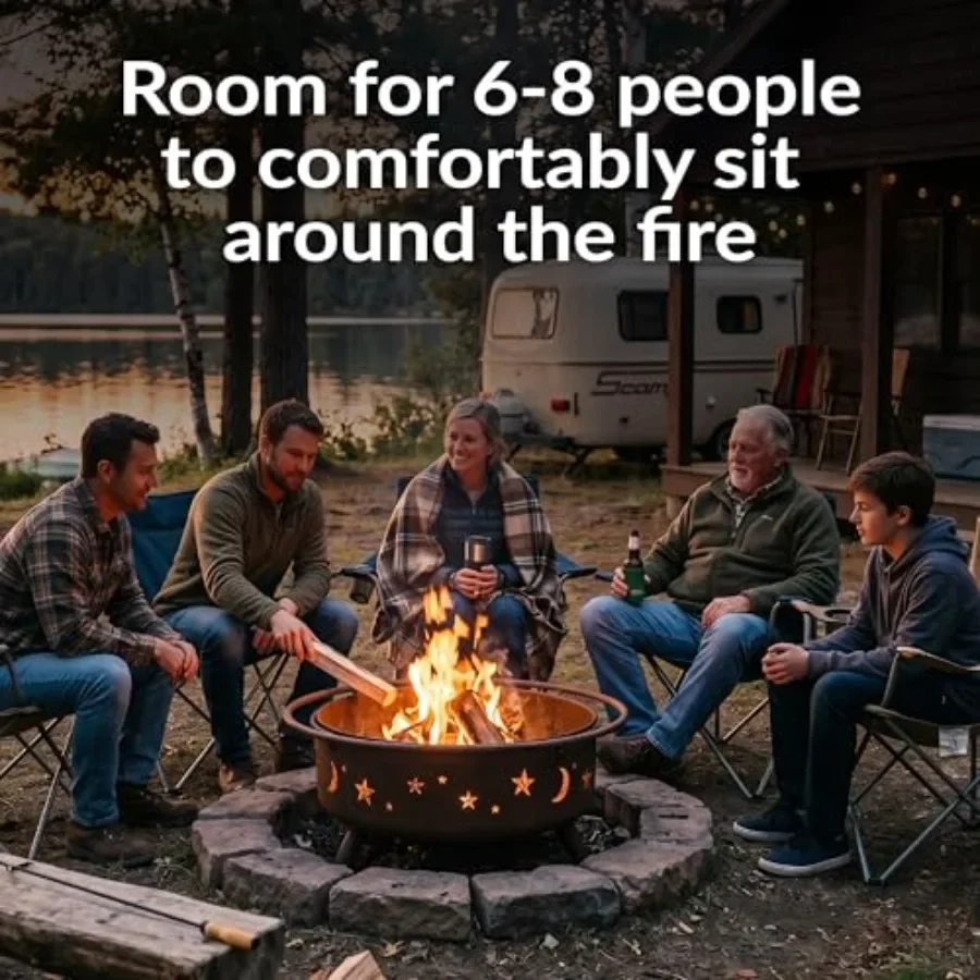 Outdoor wood-burning fire pit: 42-inch round metal fire pit in black, durable steel construction for backyard use