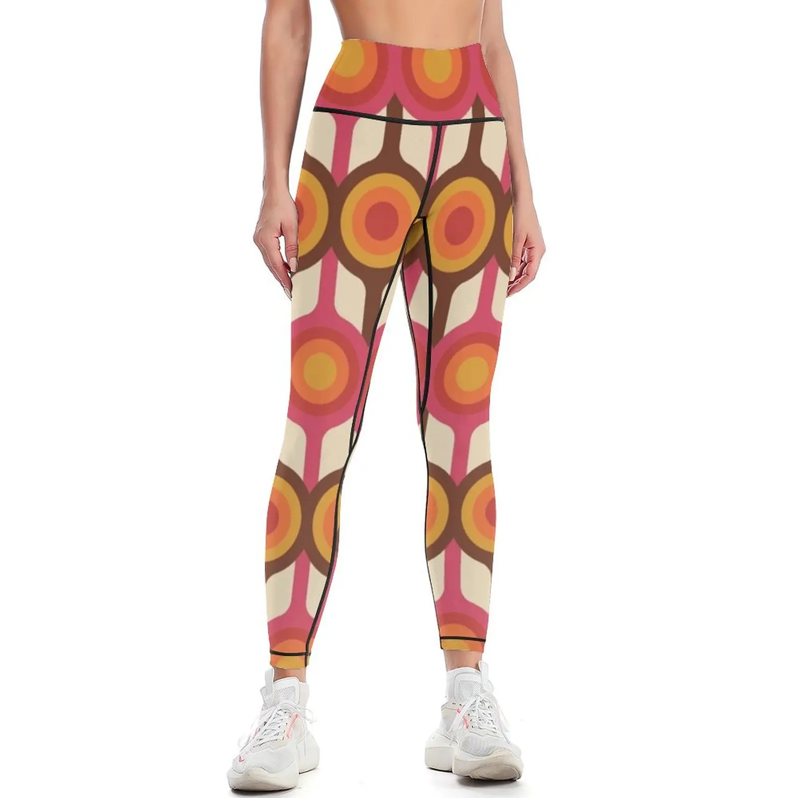 Magenta, Orange, Ivory & Brown Retro 1960s Circle Pattern Leggings for fitness sports for gym gym's clothing Womens Leggings