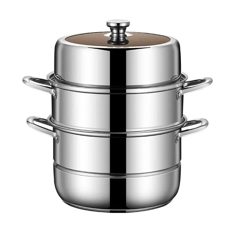 Factory direct sales cross-border thickened stainless steel steamer, double layer soup pot, household three-layer steamer, induc