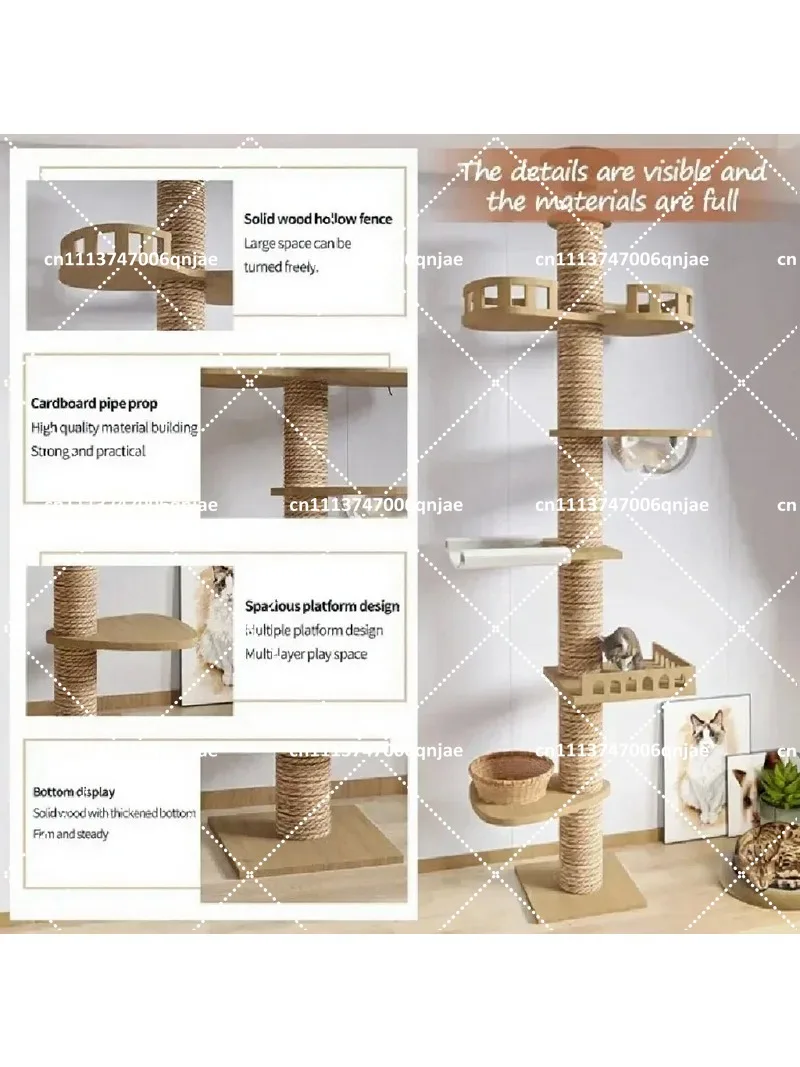 Indoor Wooden Cat Tree House Multi-Level Climbing Tower with Scratching Posts Soft Flannel Hammock Bed for Kittens