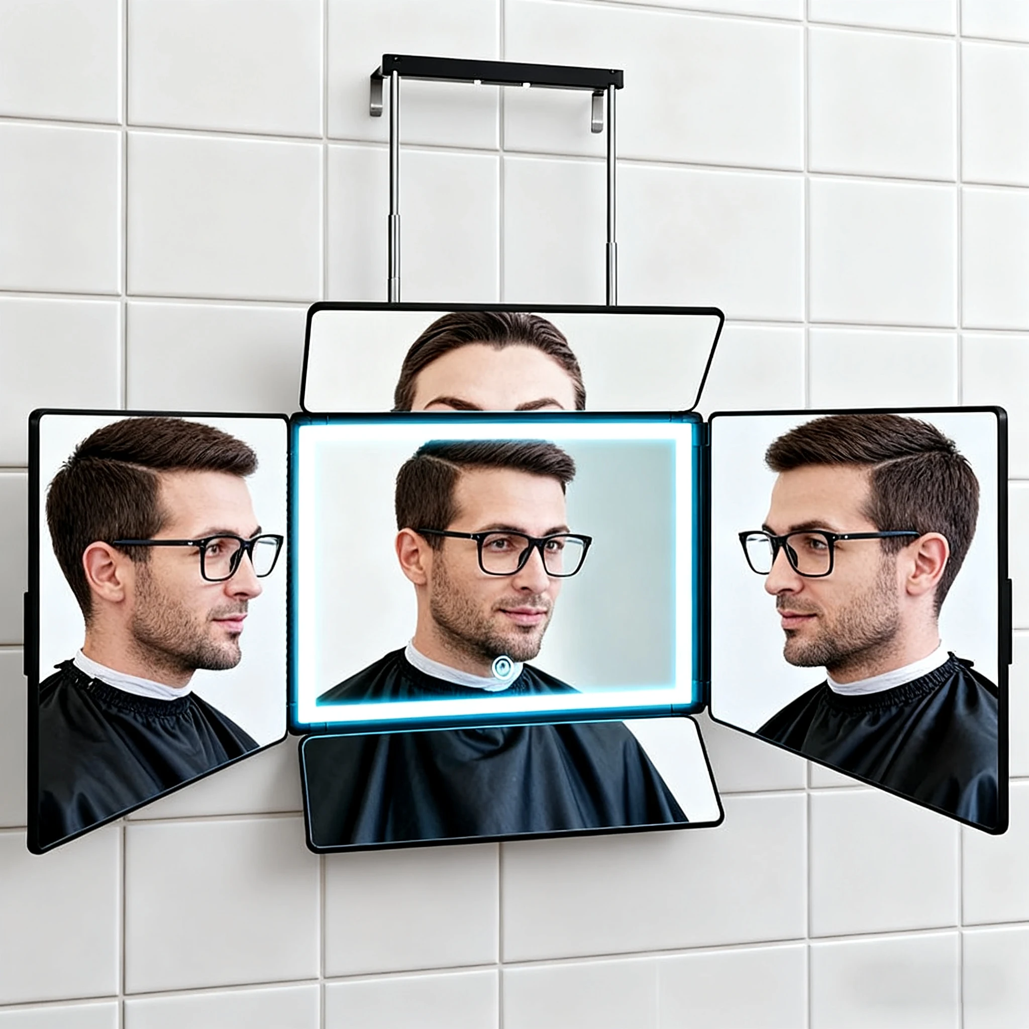 

360 ° 5-панельное зеркало для прецизионной укладки волос, HD-стекло без запотевания, зарядка через USB и гибкая регулировка высоты