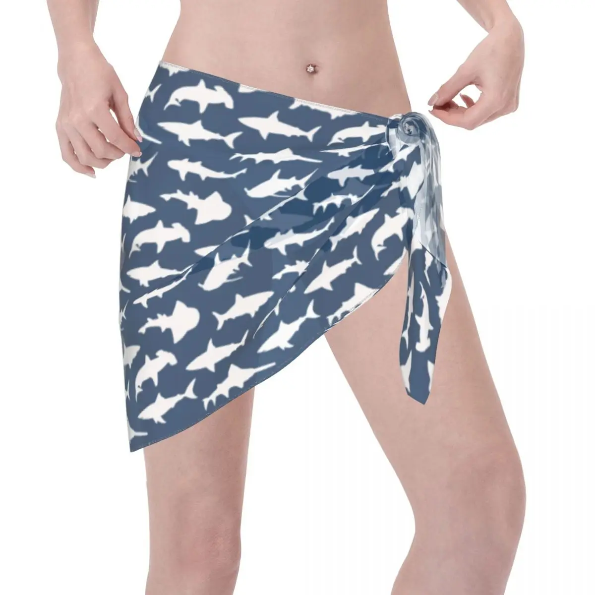 Personalizado legal tubarões em azul marinho vestido de praia casual decorar feminino sarongs curtos envoltório de praia para roupa de banho