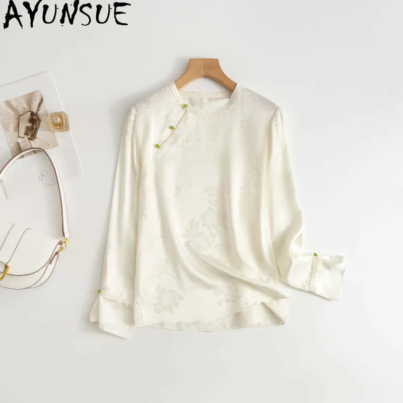

AYUNSUE 100% Silk Pullover Blouse Femme Chinese Style Long Sleeve Tops for Woman Retro O-neck Spring Woman Clothing 2026 Одежда