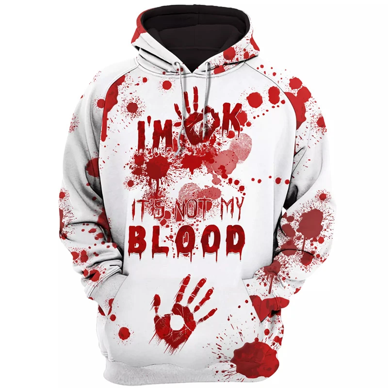 

Horror Halloween Party Graphic Sweatshirts Bloody Patterns Design Hoodies For Men Clothes I'm Fine Blood Stained Y2k Pullovers