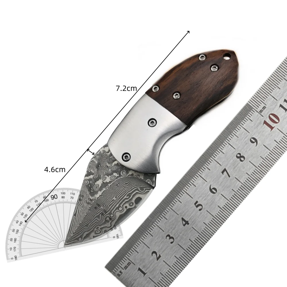 Small MINI Folding Knife Damascus Steel Blade Sandalwood + Stainless Steel Handle Pocket Knife Outdoor EDC Camping Hiking Tool