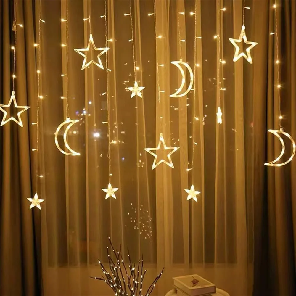 LED Copper Wire Star Light String Full of Stars, Christmas Day Five Pointed Star Curtain Light for Home Islam Muslim Event Party