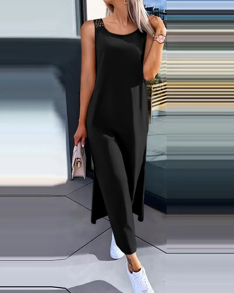 Wydrążona Sukienka Maxi Damska Bez Rękawów z Dekoltem O-neck, Nowa Letnia Dopasowana Sukienka z Rozcięciem, Vestidos Czarna