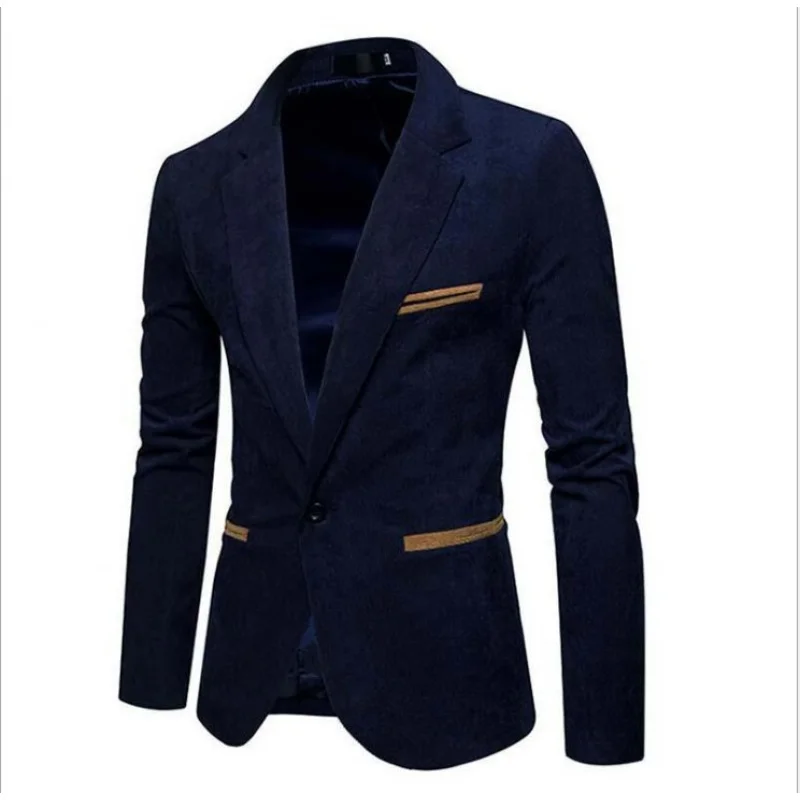 Men's corduroy casual suit jacket trendy men fashion slim 1 grain buckle blazer