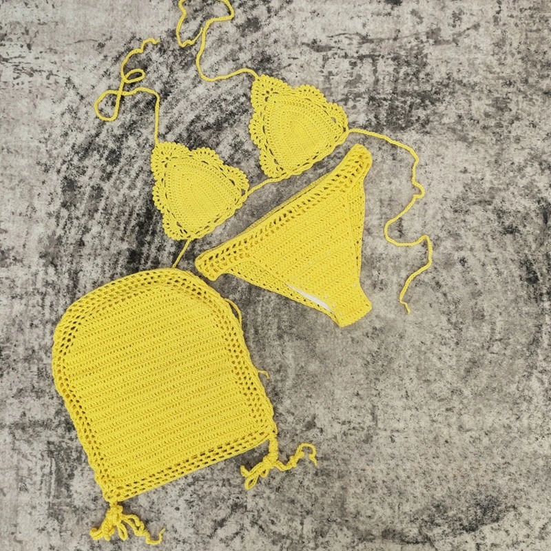 ファッション水着 レディース 3点セット ニット 三角ビキニ ホローアウト レースアップ スカート カバーアップ 2025 新作 セクシー ビキニ 水着