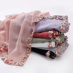 Pearl Chiffon Small Fragrant Wind Lace Bead Scarf Islamic Scarf Cute and Sweet Small Square Scarf 90*90cm