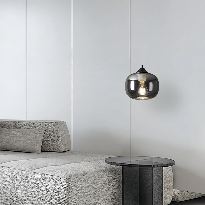 Bedroom Bedside Pendant Light Nordic Light Luxury Smoke Gray Glass Lampshade Coffee Shop Dining Table Bar Counter Pendant Light