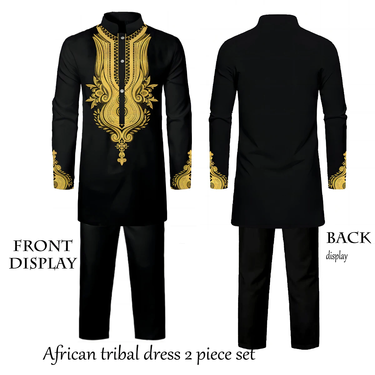 Black Men's Two Piece African Style Metallic Traditional Clothing Gold Bronzing Floral Shirt and Pants Set