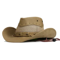 Unisex kobiety mężczyźni Retro oddychająca siateczka skórzana zawijane szerokim rondem słońce czapka przeciwsłoneczna plaża Cowboy Cowgirl zachodnia ciepła czapka 58-60cm