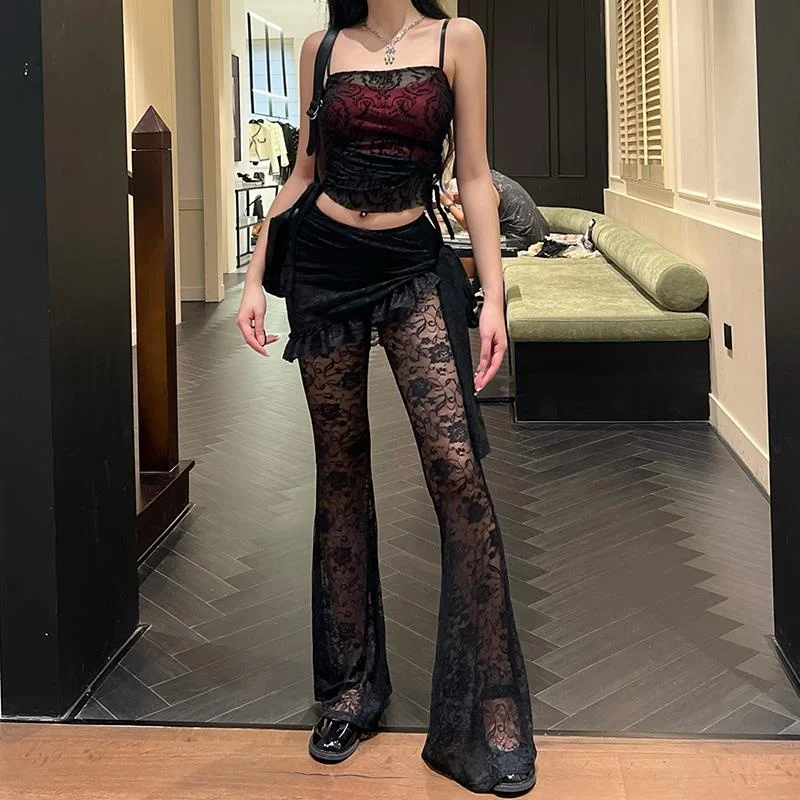 Bla renda terne conjunto gótico saltos loween traje feminino faion calças compridas fibra de poliéster irt workwear