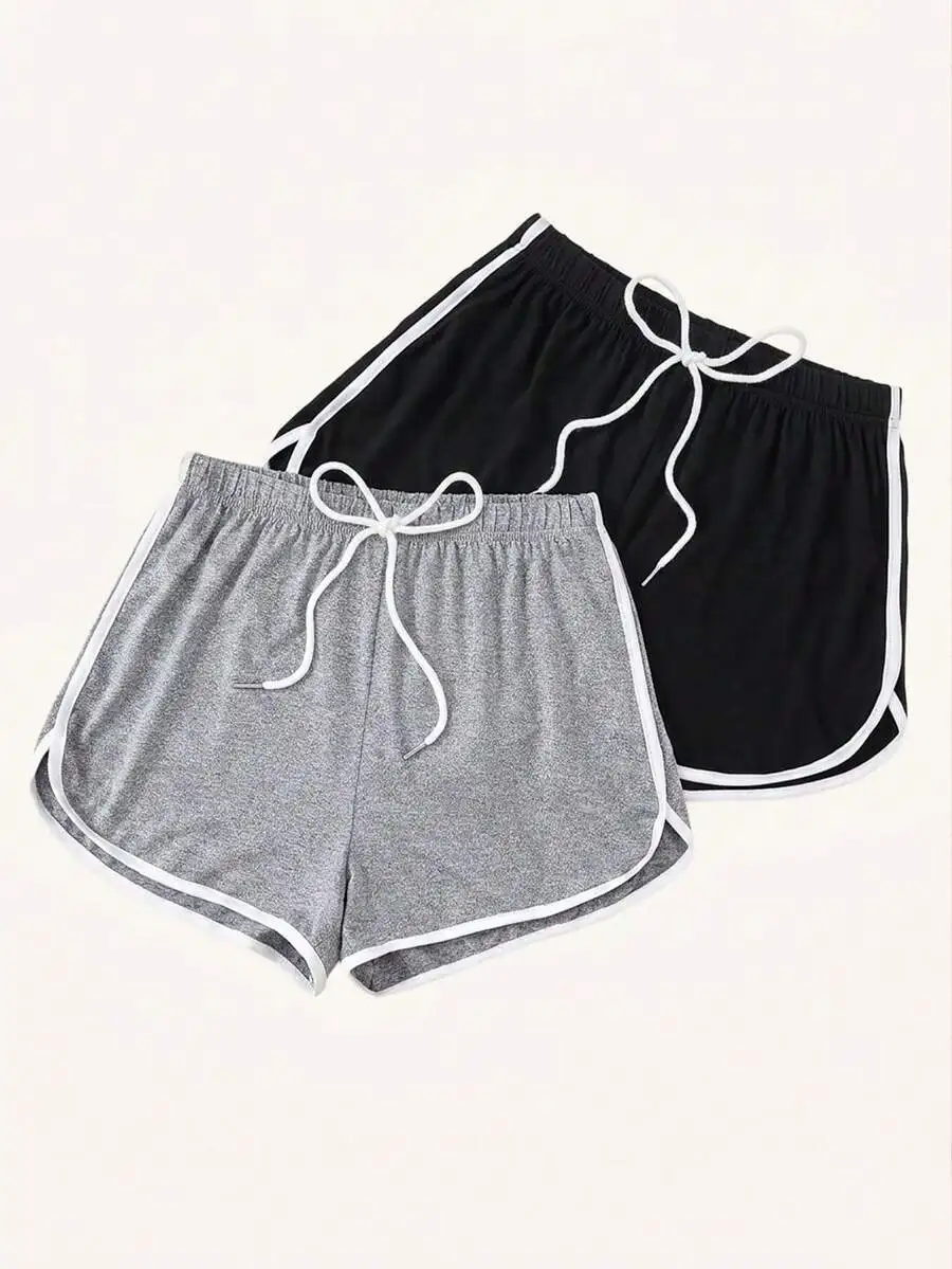 2pcs Women Casual Contrast Binding Sleep Shorts Set