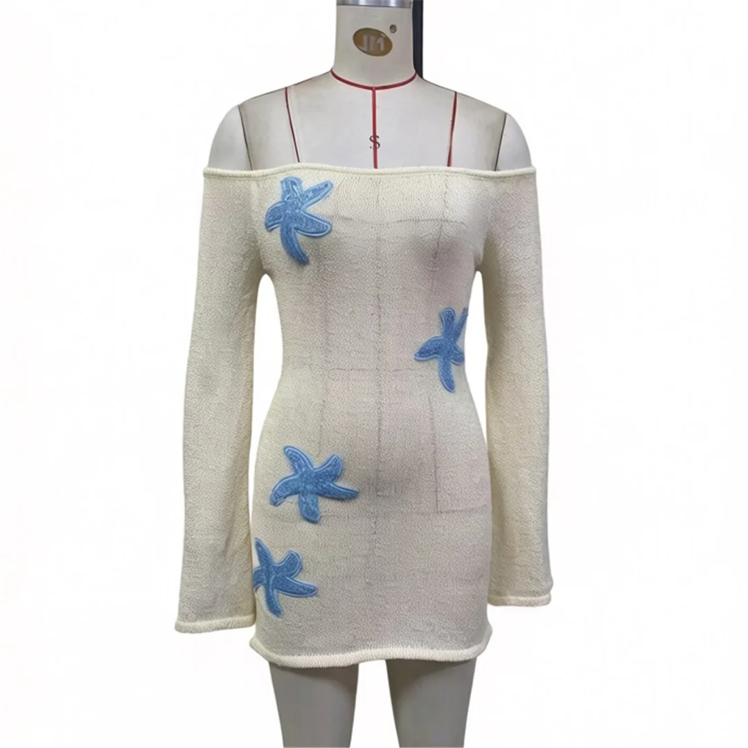 2026 Bedruckte Schulterfreie Langarm-Strick-Tunika Strand-Überwurf Strandkleid Strandmode Damen V8296 – Detail 3