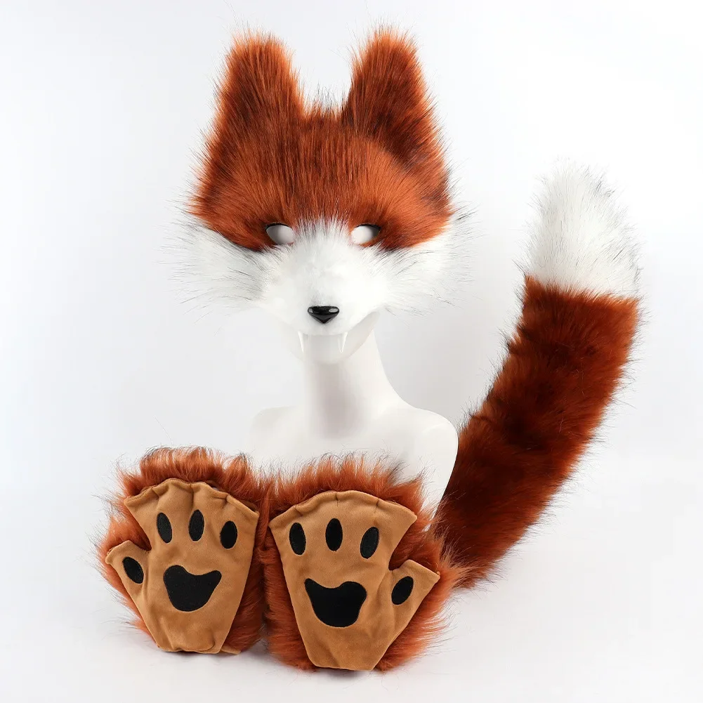Wolf Teeth Simulation Cosplay Mask Set Animal Furry Tail Half-finger Gloves For Adult Carnival Holiday Party Costume Accessories