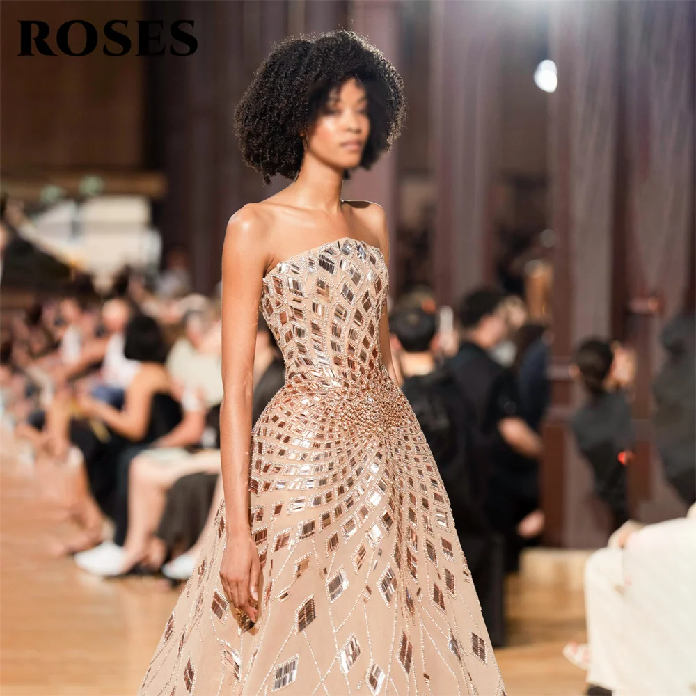ROSES Champagne Party Dress Strapless Sleeveless Evening Dress with Crystal Ankle Length Prom Gown A Line فساتين سهره Customized