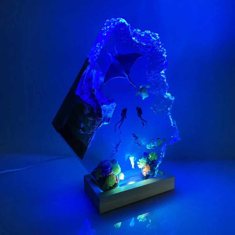 수중 세계 수지 램프 크리 에이 티브 예술적 아름다운 밤 빛 공예 해양 풍경 장식 USB 테이블 램프