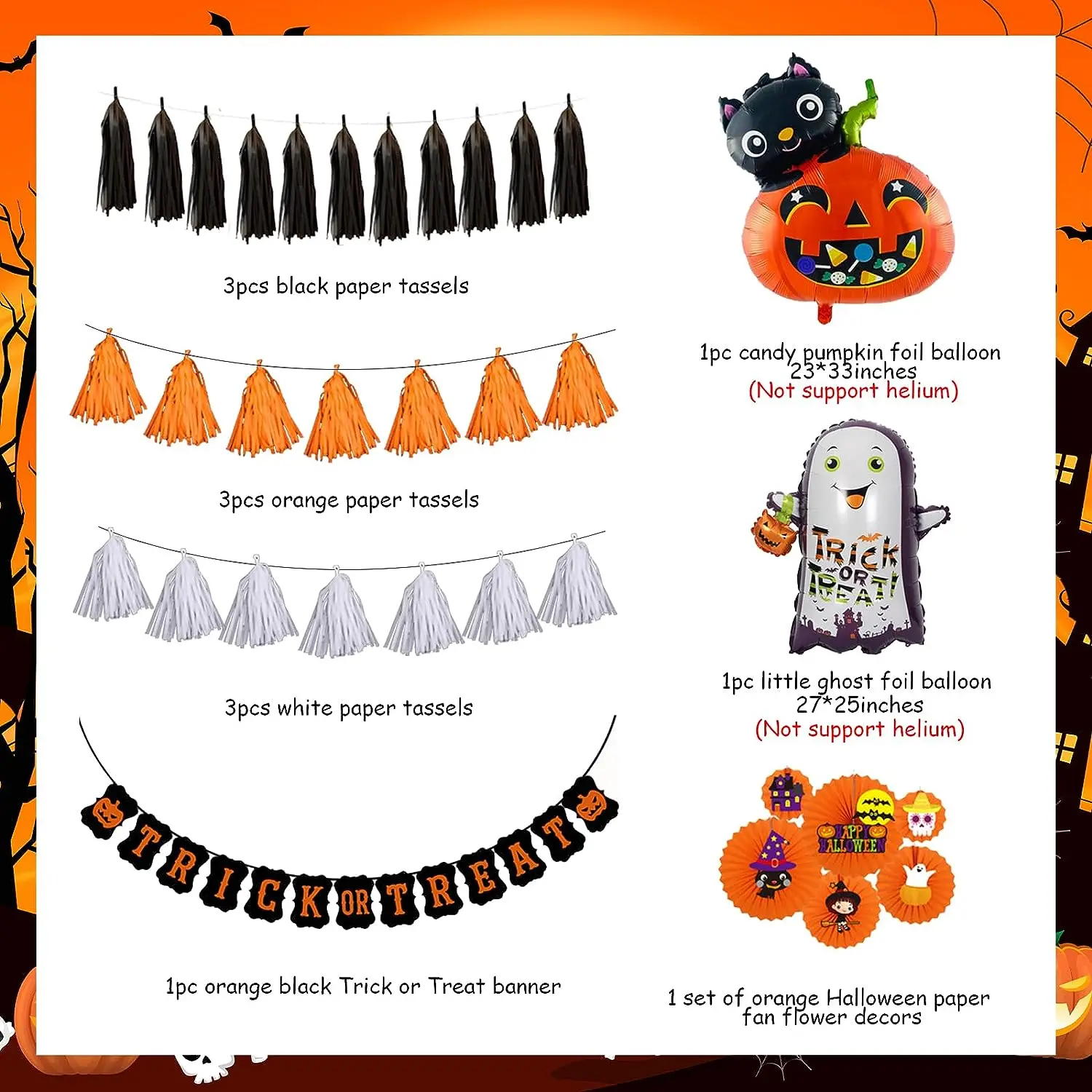 Halloween Trunk or Treat Car Decorations, Orange Paper Fans, Pumpkin Ghost, Foil Balloons