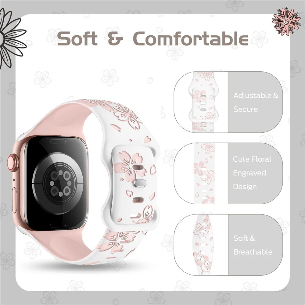 Carved Cherry Blossoms Silicone Watch Strap For Apple Watch Bands 49mm Ultra 2 45/44/42mm 41/40/38mm Sports Bracelet For iWatch