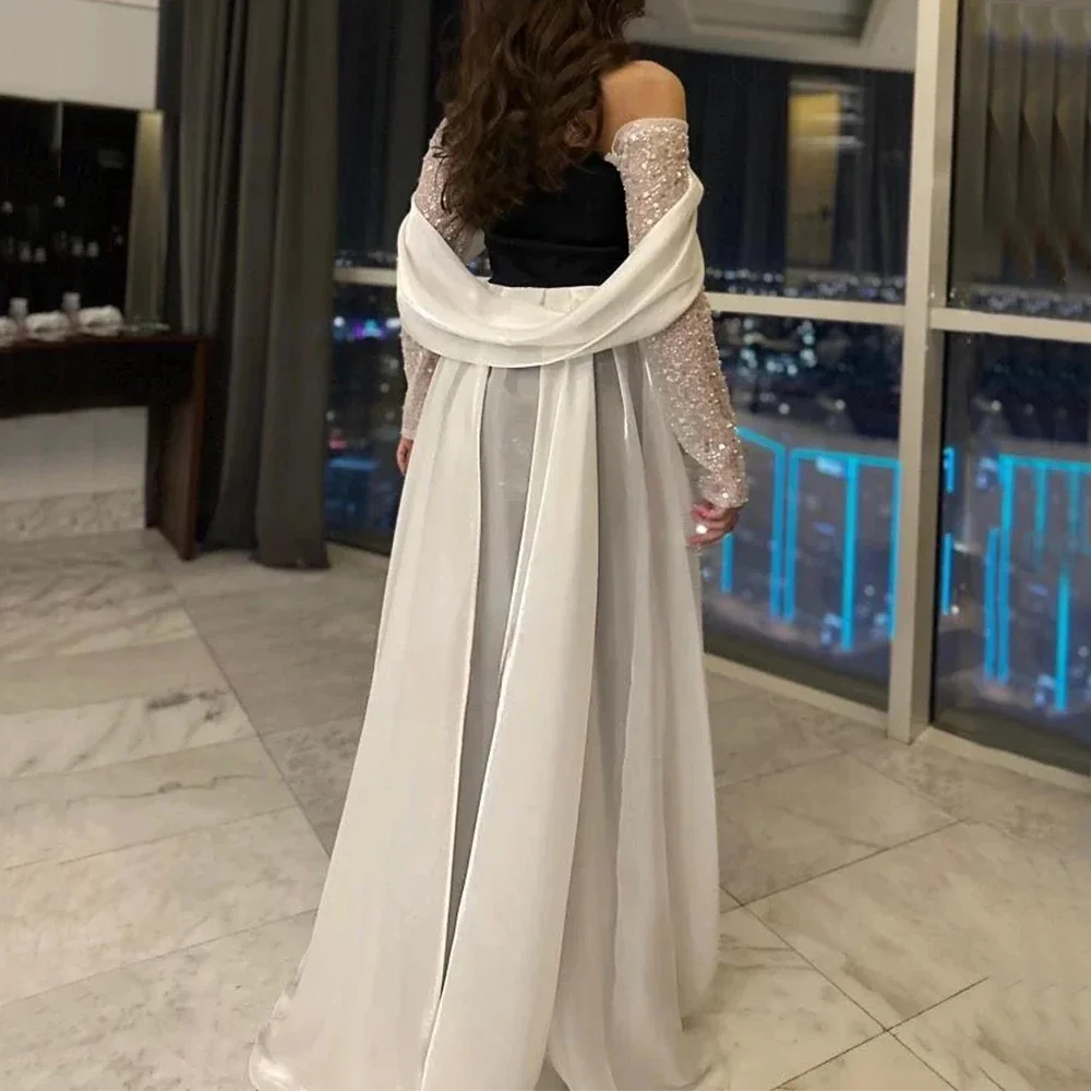 Flechazo Fashion Straight Evening Dress Off the Shoulder Sequin Long Sleeves with Sweep Train Women Customized فساتين سهره