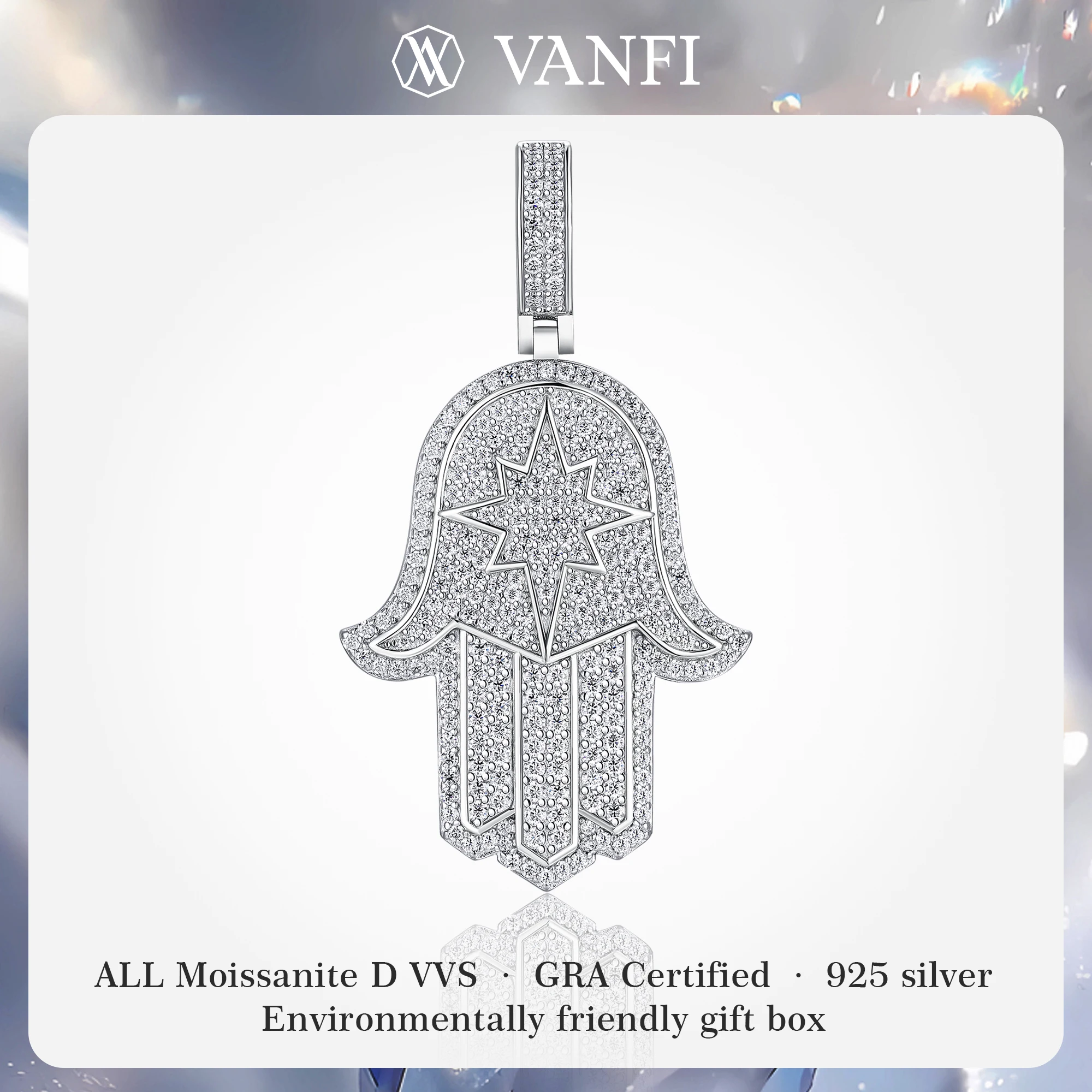 

Kfvanfi certified moissanite 925 sterling silver men's hip-hop necklace palm pendant platinum-plated personality shining jewelry
