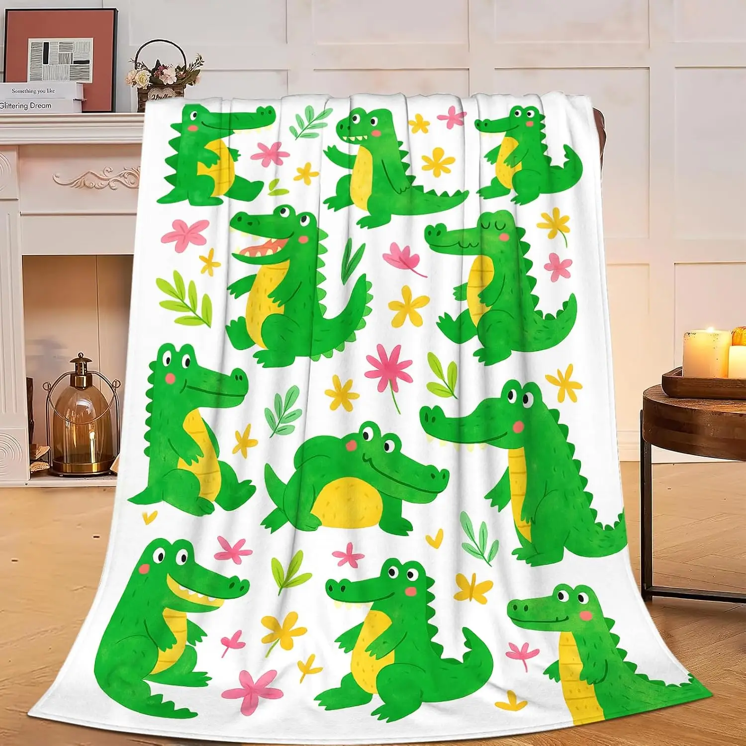 Home Decor Crocodile Throw Blanket Green Tropical Animal Print Fuzzy Lap Blanket for Kids Autumn Spring Nursery Decor Gift