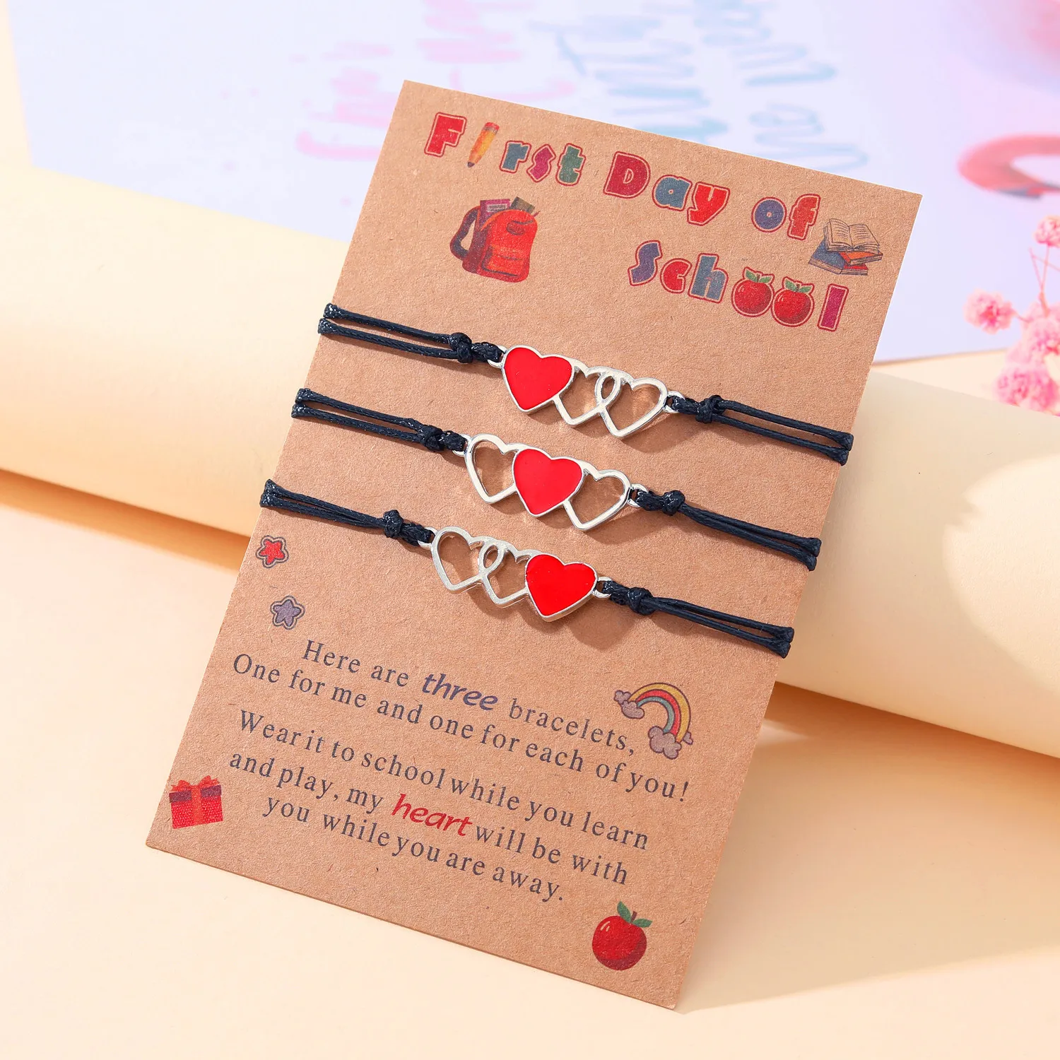 Back To School Season Rope Dripping Oil Mother And Daughter Heart Knitted Bracelet 3-piece Gift Set Gift Wholesale