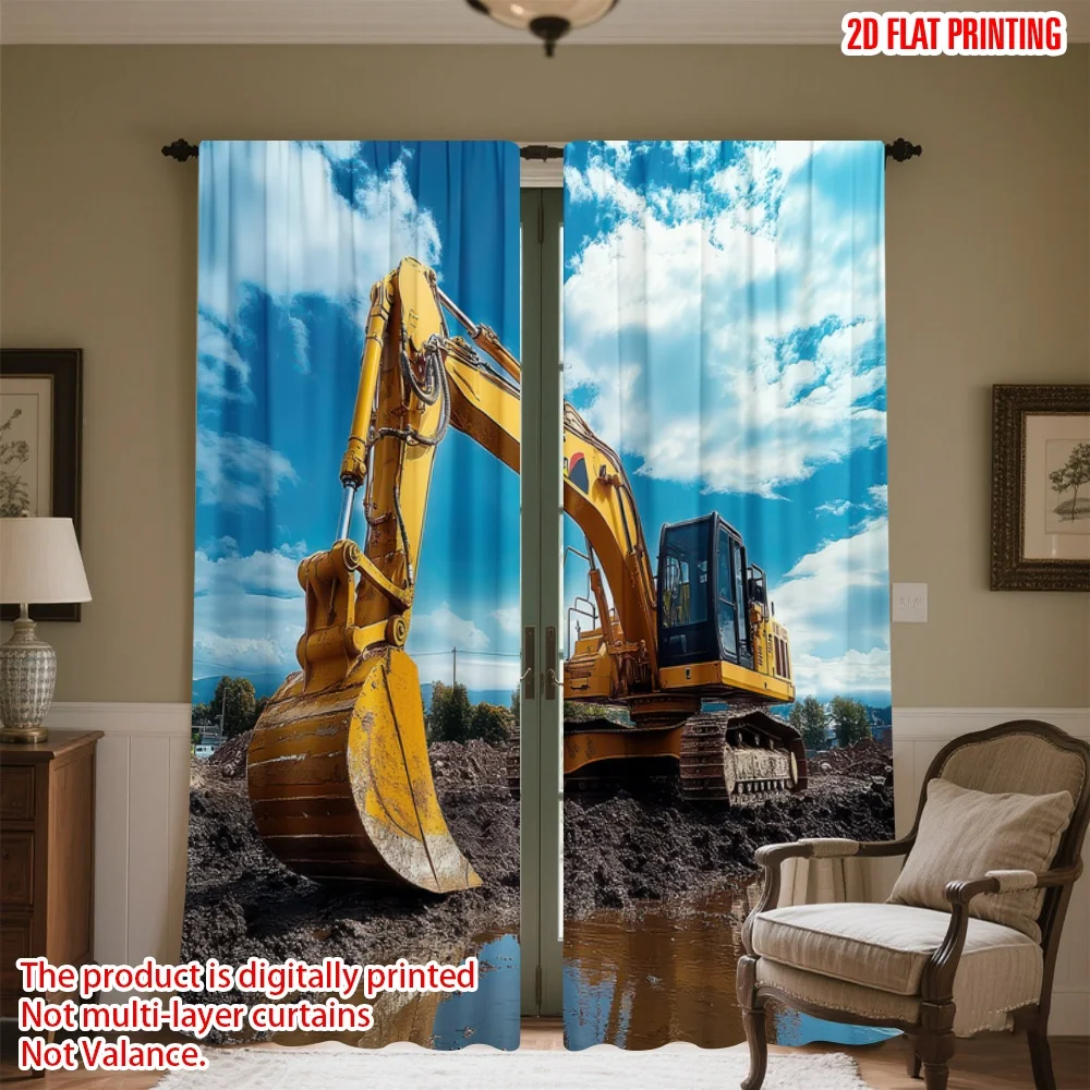 

2D flat printing 2pcs Drapes Yellow Excavator in Mud(1) Digital Printed Polyester Drapes Festive Curtains for Indoor