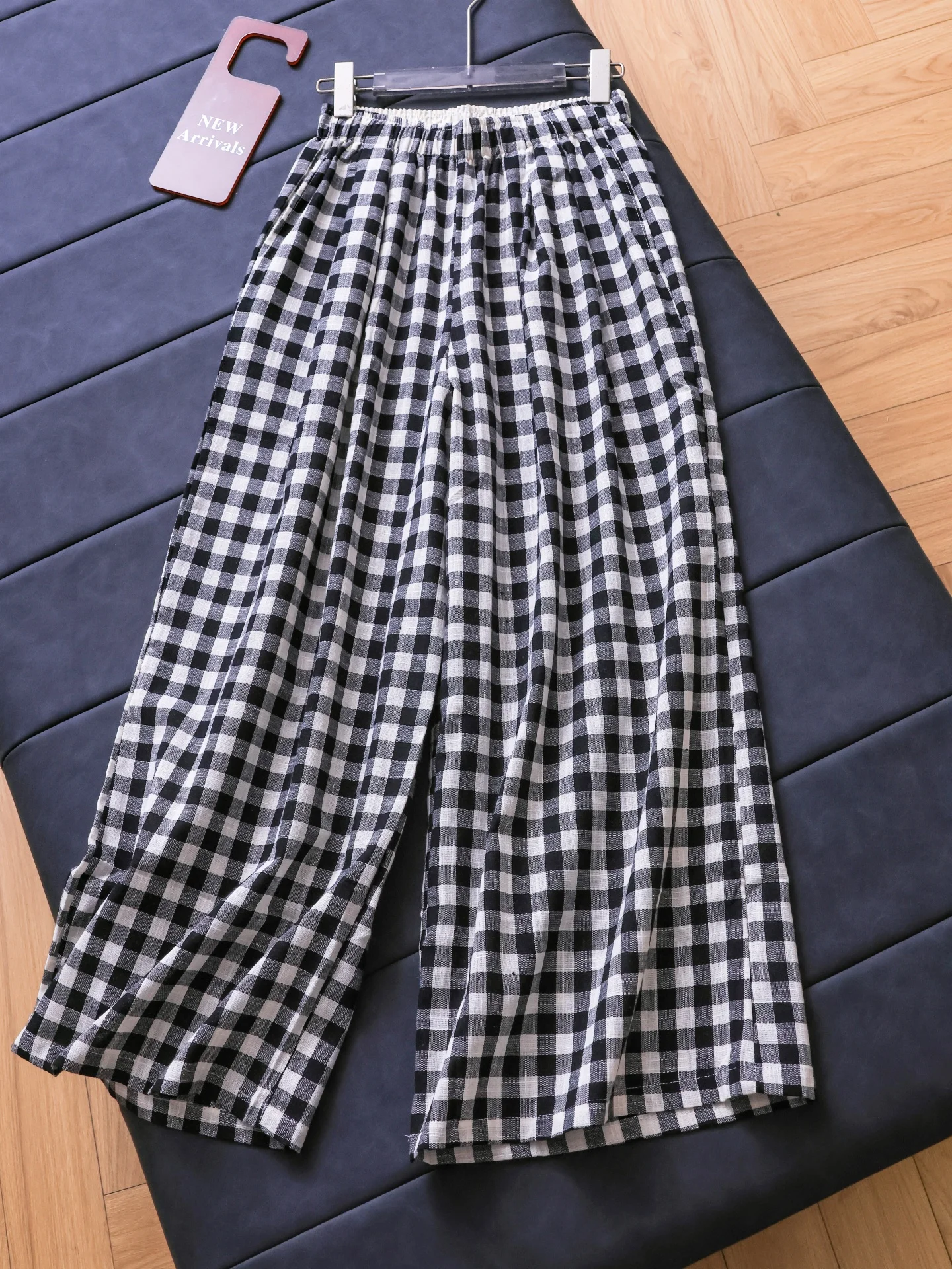 High Waist Straight Leg Wide Leg Pants Women's Casual Trousers Breathable Comfortable Cotton Plaid Elastic Waist Loose Fit