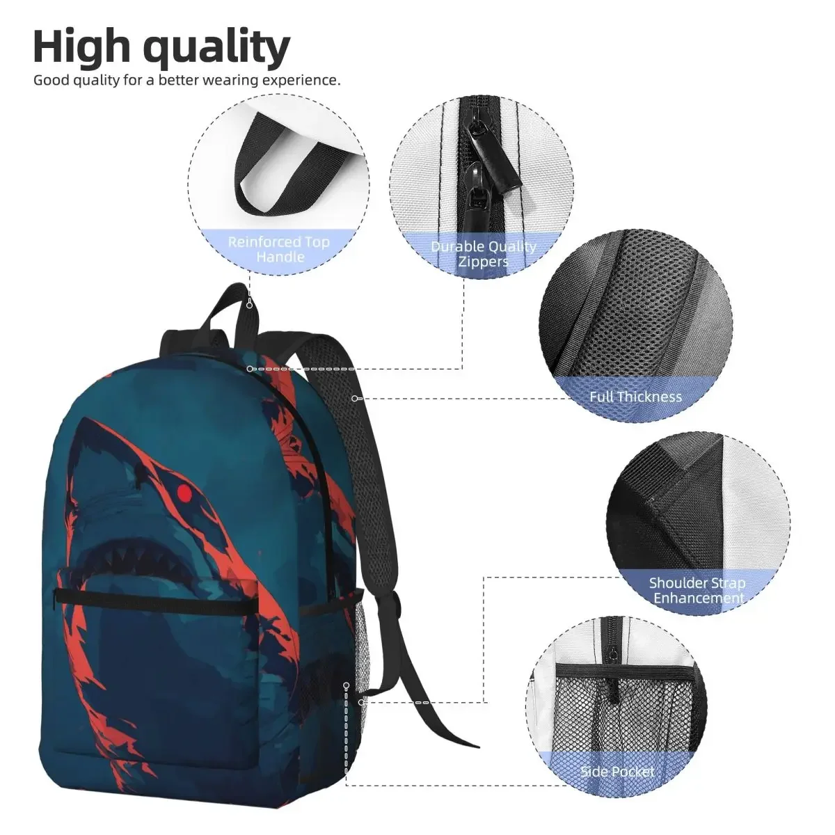 Great Shark Open Its Mouth Cartoon Backpack Daypack Large Capacity Boys Girls BookBag School Bag Shoulder Bags for Men Women