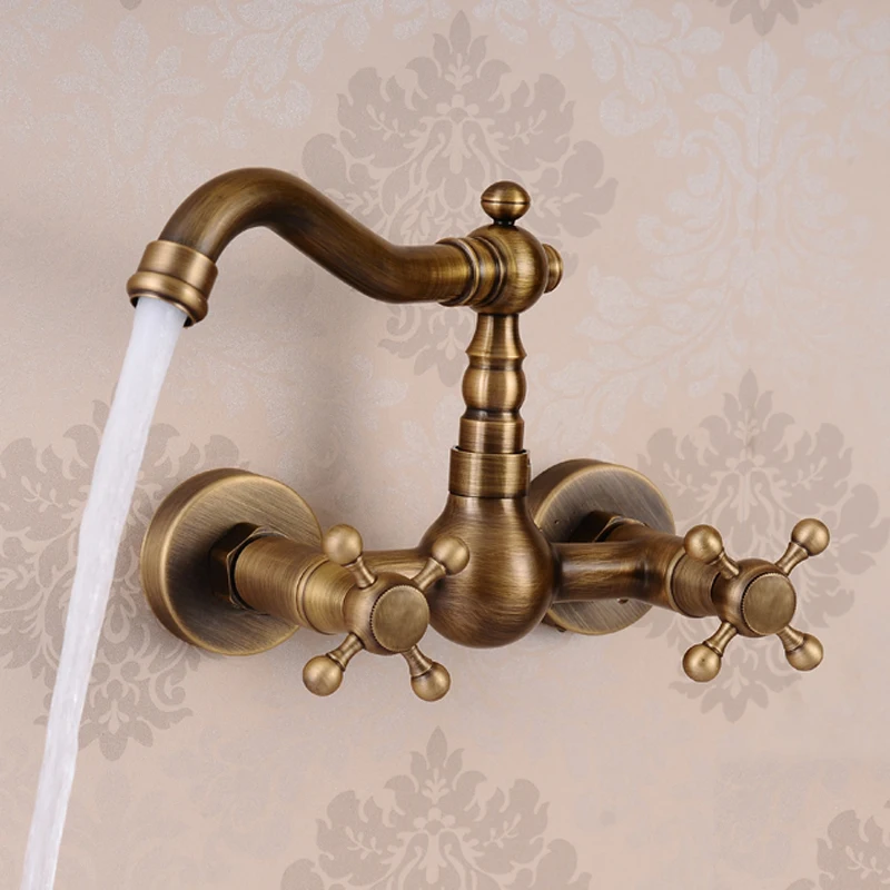 Wall Mounted Two Handles Antique Brass Finish Kitchen Sink Bathroom basin Faucet mixer tap  GZ8118