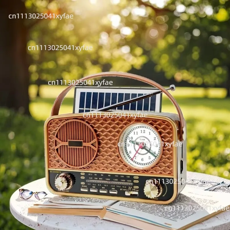 Multifunctional Full Band FM AM SW Radio with Solar Panel, Retro Clock Bluetooth Speaker, Support TF Card & USB Disk Playback