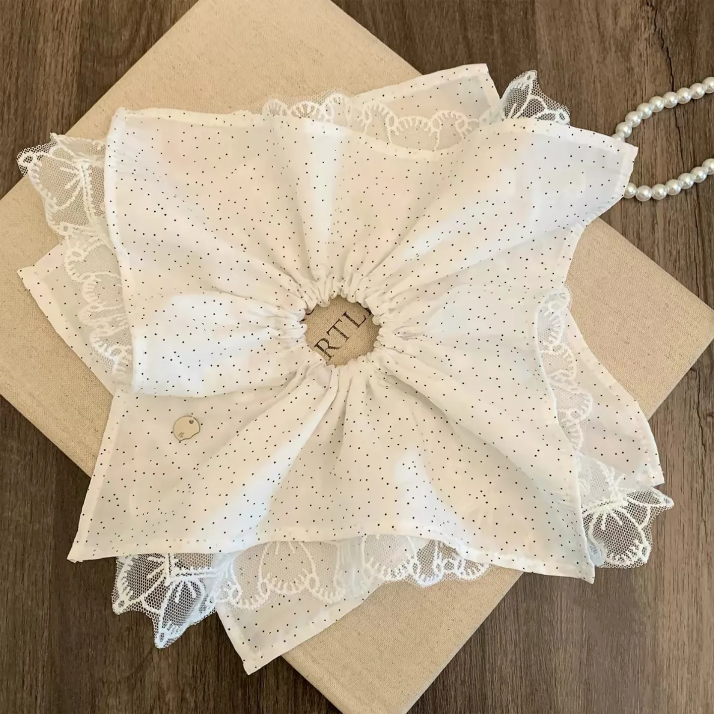 Premium Lace Scrunchie with Polka Dot and Bow Korean Style Elastic Hair Ties for Women Soft Lightweight Elegant Daily Use